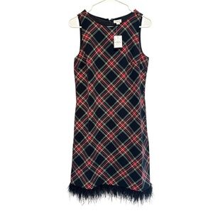 NWT J. Crew Red and Green Plaid Dress w/ Fur Trim Size 2